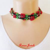 Kropfband mit Rosen Blumen Trachten Halsband Choker rot grün schwarz weiß Bild 4