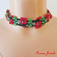 Kropfband mit Rosen Blumen Trachten Halsband Choker rot grün schwarz weiß Bild 6