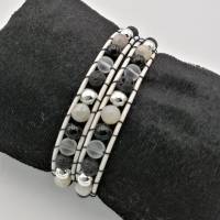 Doppelreihiges Leder-Perlen-Armband zum wickeln in schwarz weiss silber 39 cm mit Knopfverschluss Bild 1