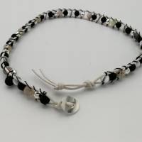 Doppelreihiges Leder-Perlen-Armband zum wickeln in schwarz weiss silber 39 cm mit Knopfverschluss Bild 7