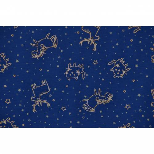 Jersey nachtblau mit Sternen und Tieren Foliendruck kupfer 50 x 150 cm Nähen