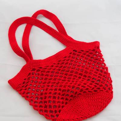 Häkeltasche Einkaufstasche Einkaufsnetz in rot aus hochwertiger Baumwolle mit Schulterriemen gehäkelt