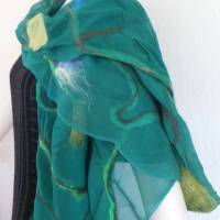 eleganter dunkelgrüner Damen Schal, gefilzt Wolle und Chiffon Seide, Filzschal, Tuch, Halstuch für Frauen Bild 2