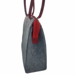 Filztasche mit Lederhenkel Shopper Damentasche Handtasche Einkaufstasche Shopping bag für Damen grau rot Bild 5