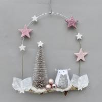 Türkranz* mit Eule und Tanne auf Ast, rosa-weiß Weihnachts-Fensterdeko für den Advent Bild 1