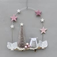 Türkranz* mit Eule und Tanne auf Ast, rosa-weiß Weihnachts-Fensterdeko für den Advent Bild 2