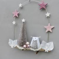 Türkranz* mit Eule und Tanne auf Ast, rosa-weiß Weihnachts-Fensterdeko für den Advent Bild 4