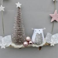 Türkranz* mit Eule und Tanne auf Ast, rosa-weiß Weihnachts-Fensterdeko für den Advent Bild 5