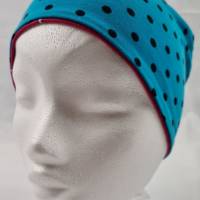 Mütze zum Wenden für 3-5 Jahre / Kopfumfang 48 cm, blau mit Punkten und pink mit Totenköpfen Bild 3