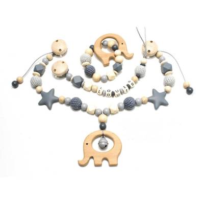 Kinderwagenkette Wagenkette einzeln oder als Spar Set Grau natur Holz Elefant  Greifling