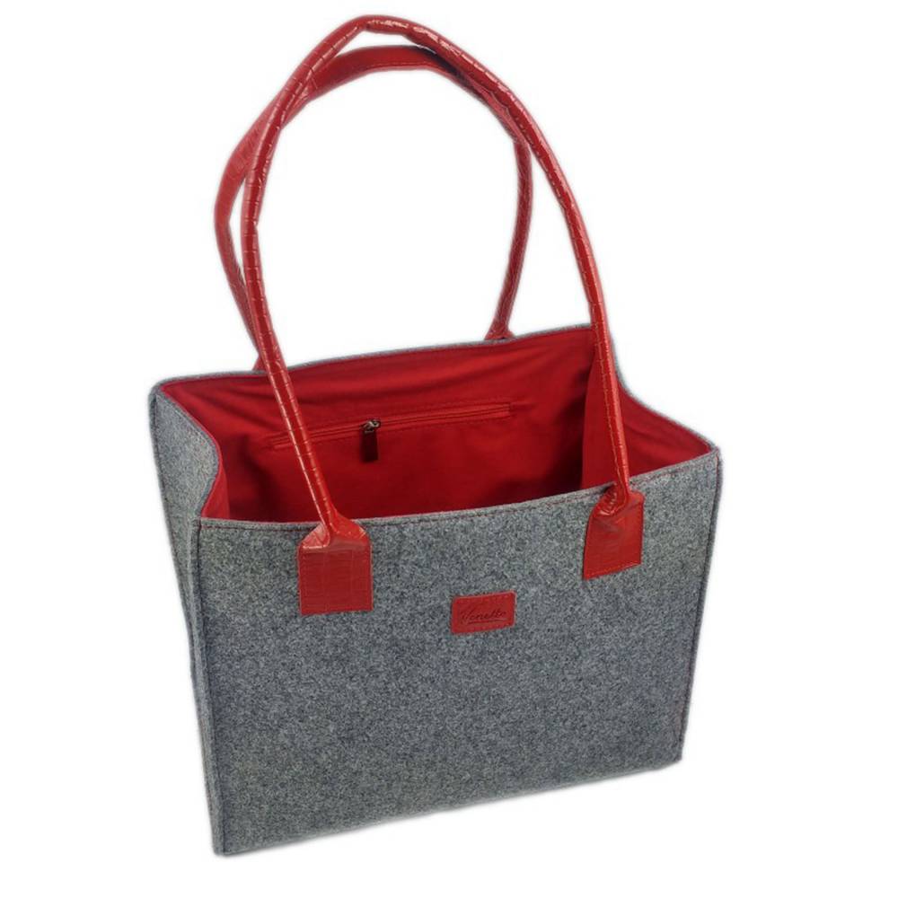 Lederhenkel Double color Shopper Damentasche Handtasche Einkaufstasche Shopping bag für Damen grau rot Bild 1