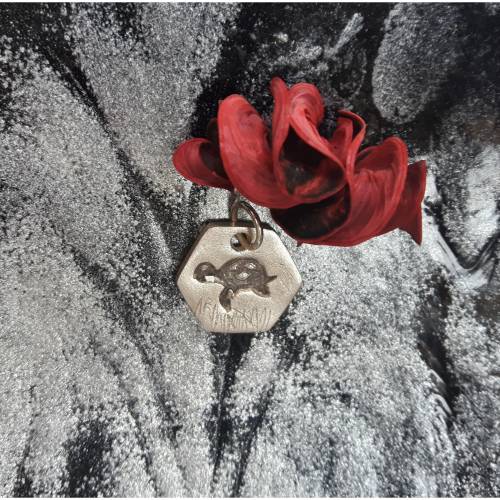 sechseckiger Anhänger mit süßer Schildkröte, 999 Silber, teilgeschwärzt