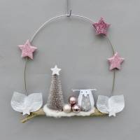 Türkranz* mit Eule und Tanne auf Ast, rosa-weiß Weihnachts-Fensterdeko für den Advent Bild 1