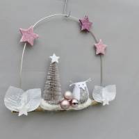 Türkranz* mit Eule und Tanne auf Ast, rosa-weiß Weihnachts-Fensterdeko für den Advent Bild 4