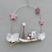 Türkranz* mit Eule und Tanne auf Ast, rosa-weiß Weihnachts-Fensterdeko für den Advent Bild 6