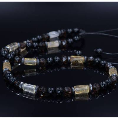 Herren Halskette aus Edelsteinen Citrin Rauchquarz Hämatit und Achat mit Knotenverschluss, LIMITED EDITION, Länge 51 cm