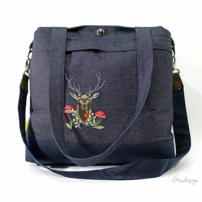 Schultertasche „Yello Bag“ aus Baumwolle – Moderne Umhängetasche mit Hirsch-Stickerei, Blau