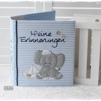 Kindergartenordner/Portfolio hellblau gemustert mit Elefant maritim und Stickerei 'Meine Erinnerungen' Bild 1