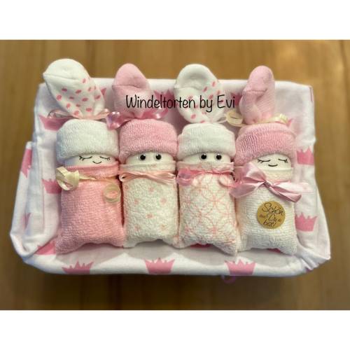 Windeltorte mit 4 Windelbabys für Mädchen, Geschenk zur Geburt, liebevoll gestaltetes Windelgeschenk