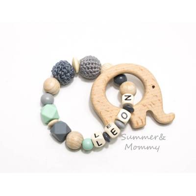 Greifling Beißring mit Namen oder ohne Mädchen Jungen Holz Elefant grau natur Holz