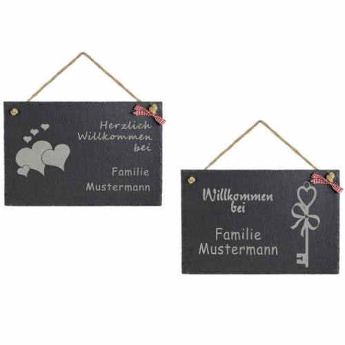 Türschild Namensschild für Hauseingang Naturstein Schiefer BK Haustürschild schwarz mit Wunschgravur 30x20cm mit Kordel 