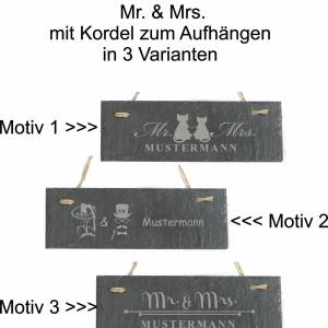 Türschild Namensschild Mr & Mrs Familienamen Schiefertafel 30 x 10cm mit Kordel zum Aufhängen Geschenkidee zur Hochzeit Bild 1