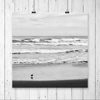 Meer und kleiner Vogel am Strand, Kunstdruck in schwarzweiß, monochrom, Fotografie und stimmungsvolle Wanddekoration Bild 1