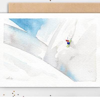 Original Illustration Grußkarte "Skifahrer", eine Faltkarte mit Umschlag