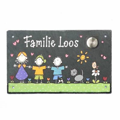 Schieferschild mit Klingeltaster Namensschild Familie Wunschname Schiefertafel handbemalt Wunschfiguren, personalisiert