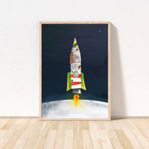 niedliches Kinderzimmer-Poster Rakete *Feuerrakete im Weltraum* umwelfreundlicher Druck Bild 1