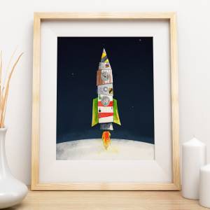 niedliches Kinderzimmer-Poster Rakete *Feuerrakete im Weltraum* umwelfreundlicher Druck Bild 4