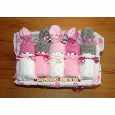 personalisierte Windeltorte für Mädchen, Windelbabys in der Box, rosa, Babygeschenk