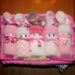 personalisierte Windeltorte für Mädchen, Windelbabys in der Box, rosa, Babygeschenk Bild 5