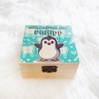 Zahndose Milchzahndose personalisiert mit Name, Holzdose Zahnfee, Geschenk zur Einschulung, Motiv: Pinguin Bild 2