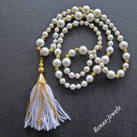 Bettelkette Kette lang weiß goldfarben mit Quasten Anhänger Perlenkette Perlen Kette Bild 1