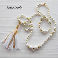 Bettelkette Kette lang weiß goldfarben mit Quasten Anhänger Perlenkette Perlen Kette Bild 4