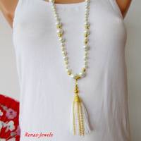 Bettelkette Kette lang weiß goldfarben mit Quasten Anhänger Perlenkette Perlen Kette Bild 6
