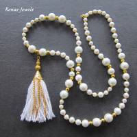 Bettelkette Kette lang weiß goldfarben mit Quasten Anhänger Perlenkette Perlen Kette Bild 7
