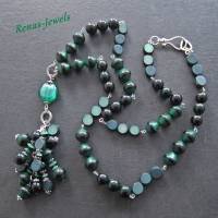 Bettelkette lang grün silberfarben Palmsamen Perlen Perlenkette Bild 6