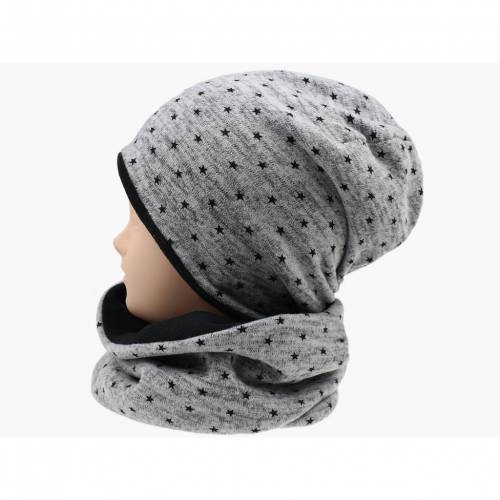 kuscheliges Winterset Beanie + Loop / Halssocke - Sternchen grau schwarz
