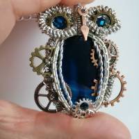 Steampunk Eule / Anhänger aus Draht mit Facetten  Perlen und dunkel Blauen Opal Achat (Einzelstück) Bild 2