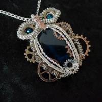 Steampunk Eule / Anhänger aus Draht mit Facetten  Perlen und dunkel Blauen Opal Achat (Einzelstück) Bild 5
