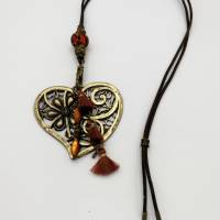 Lange Leder-Halskette in braun bronze mit Herz-Ornament 85 cm, in der Länge variabel zu tragen Bild 1