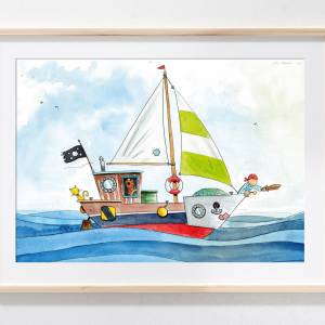 lustiges A3 Kinderzimmer Poster Piratenschiff *Piraten*, Kinderwandkunst, niedliche Illustration, Dekor, Kinderzimmer Bi Bild 1