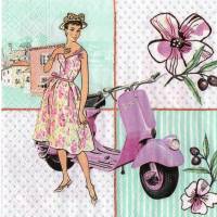 5 Servietten / Motivservietten / Frau mit Roller - pink  /  Retro - Nostalgie - Vintage Motive R 10 Bild 1