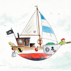 Kinderzimmer-Bild Piratenschiff  *Die Piraten sind los, Schiff Ahoi !*, Unikat Illustration Bild 1