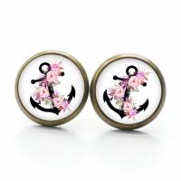 Ohrstecker Ohrhänger Clipse schwarzer Anker mit rosa  Blumen Rosen - verschiedene Größen - Edelstahl - Geschenkidee Bild 3