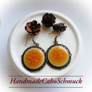 25mm Cabochon Ohrringe, Ohrhänger, cracked/crackled, Porzellan, gelb Bronze