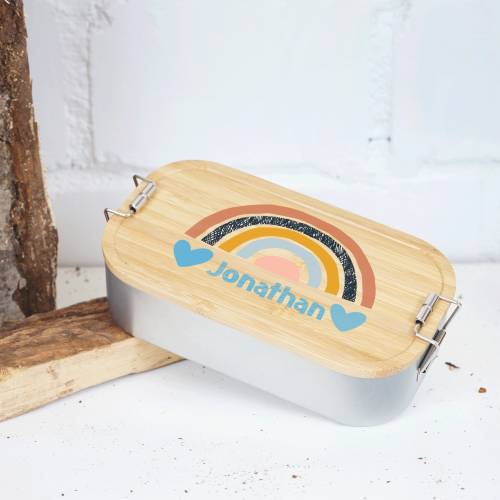 Lunchbox personalisiert, Brotdose für Kinder bedruckt mit Name, Brotbox für Kindergarten, Edelstahldose mit Bambusdeckel