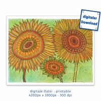 Digitale Datei, Kunst zum Ausdrucken, 3 Sonnenblumen, 4200 px x 3300 px, 300 dpi Bild 1